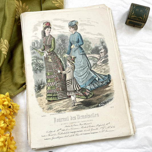 1880s - Vintage French Fashion Plate from Journal des Demoiselles Magazine - Original Antique Hand-Colored Engraving of Victorian Women