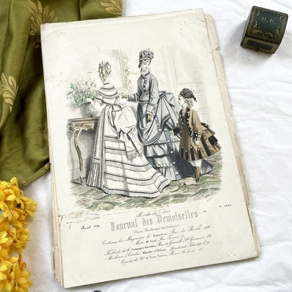 1870s - Exquisite April 1874 Parisian Fashion Plate - Journal des Demoiselles - Hand-Colored Antique Print of Elegant French Modiste Styles