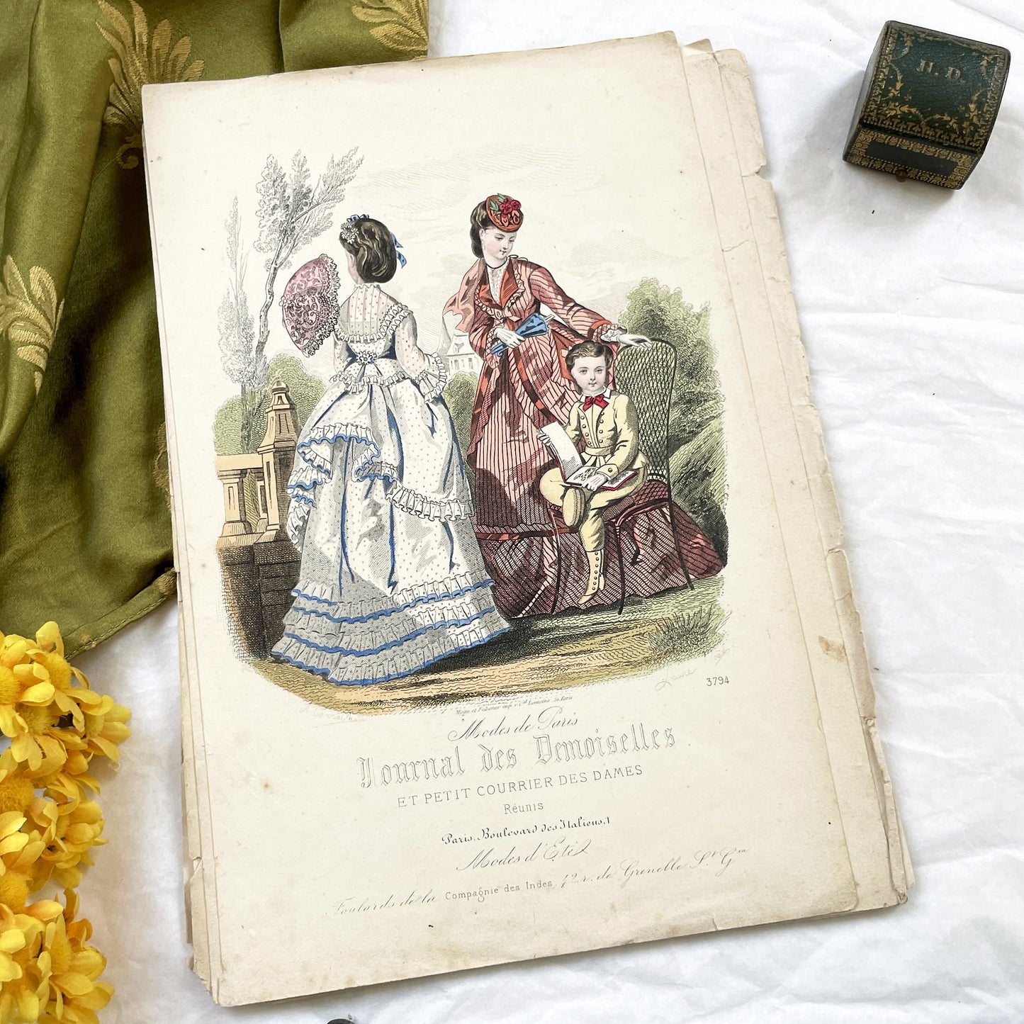 1870s - Exquisite Hand-Colored French Fashion Plate - Journal des Demoiselles - Elegant Crinoline Dresses and Children's Wear