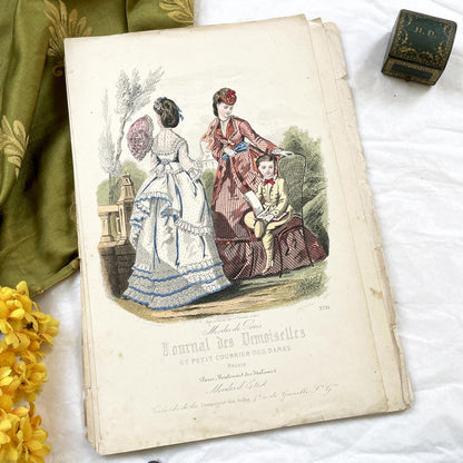 1870s - Exquisite Hand-Colored French Fashion Plate - Journal des Demoiselles - Elegant Crinoline Dresses and Children's Wear