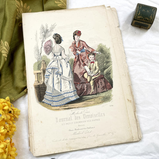 1870s - Exquisite Hand-Colored French Fashion Plate - Journal des Demoiselles - Elegant Crinoline Dresses and Children's Wear