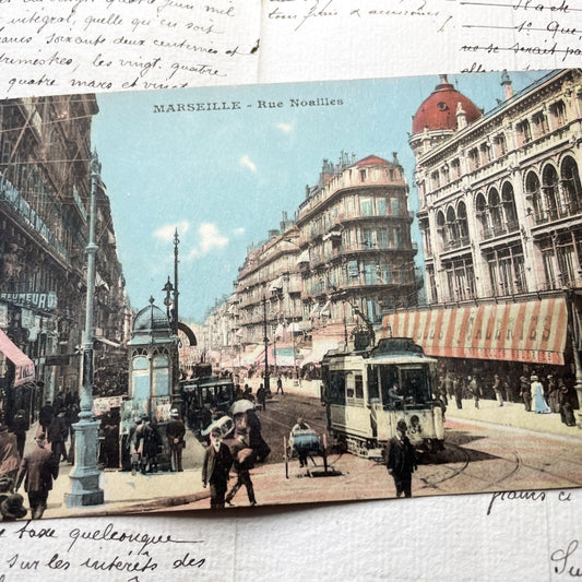 1900s - Marseille Historic Rue Noailles Postcard - Vintage French Cityscape Tramway Ephemera Collectible - Antique Street Scene