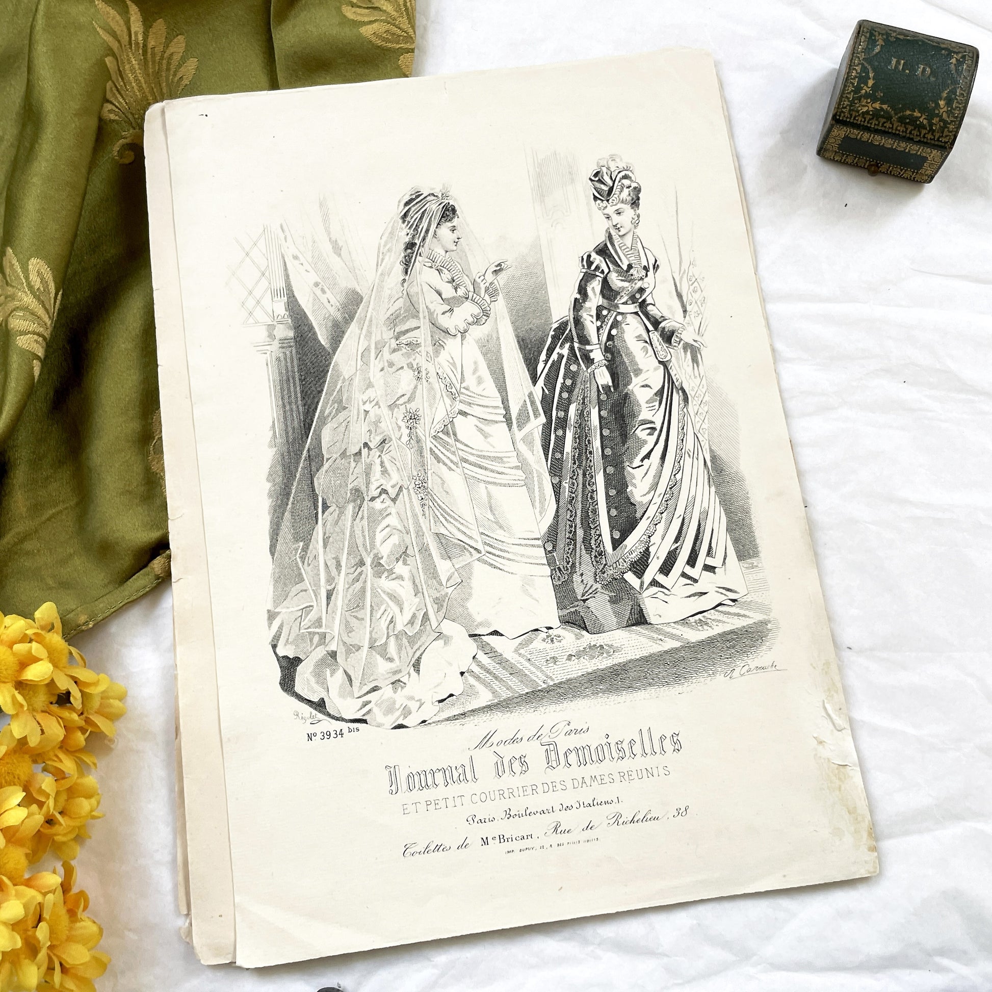 1880s - Vintage French Fashion Plate - Journal des Demoiselles - Parisian Couture Engraving - Victorian Bridal and Day Dress Original Art