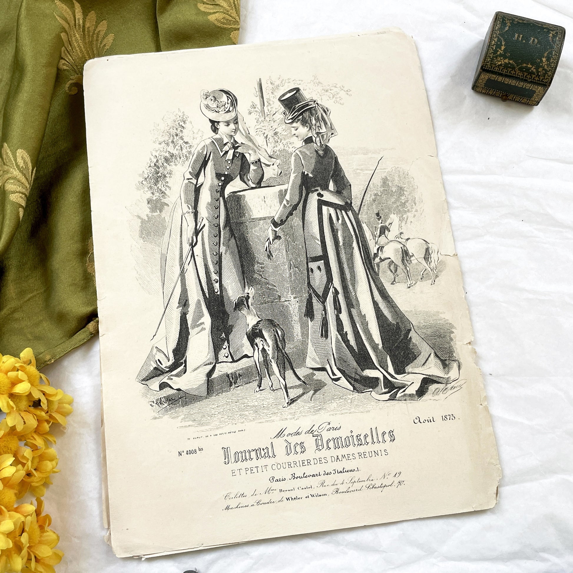 1870s - Exquisite French Fashion Print from Journal des Demoiselles - Original 1875 Engraving - Elegant Parisian Ladies and Greyhound Dog