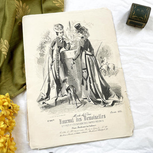 1870s - Exquisite French Fashion Print from Journal des Demoiselles - Original 1875 Engraving - Elegant Parisian Ladies and Greyhound Dog