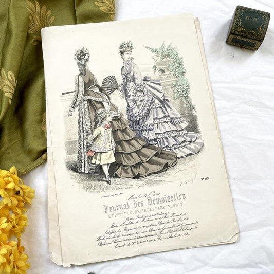 1860s - Original Hand-Colored French Fashion Plate - Journal des Demoiselles - Victorian Era Parisian Haute Couture Gown Illustration