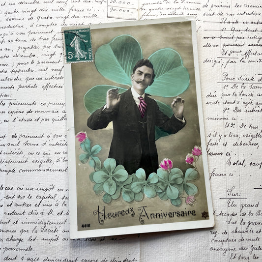 1910s - Vintage French Postcard - Happy Birthday Greetings - Man with Mustache - Lucky Four Leaf Clover - Edwardian Era Ephemera Collectible