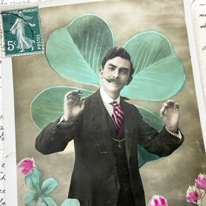 1910s - Vintage French Postcard - Happy Birthday Greetings - Man with Mustache - Lucky Four Leaf Clover - Edwardian Era Ephemera Collectible