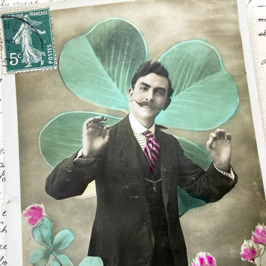 1910s - Vintage French Postcard - Happy Birthday Greetings - Man with Mustache - Lucky Four Leaf Clover - Edwardian Era Ephemera Collectible