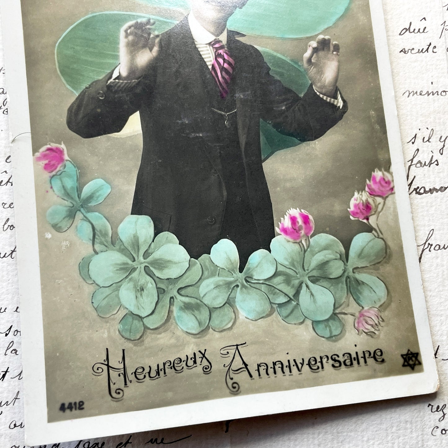 1910s - Vintage French Postcard - Happy Birthday Greetings - Man with Mustache - Lucky Four Leaf Clover - Edwardian Era Ephemera Collectible