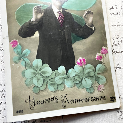 1910s - Vintage French Postcard - Happy Birthday Greetings - Man with Mustache - Lucky Four Leaf Clover - Edwardian Era Ephemera Collectible