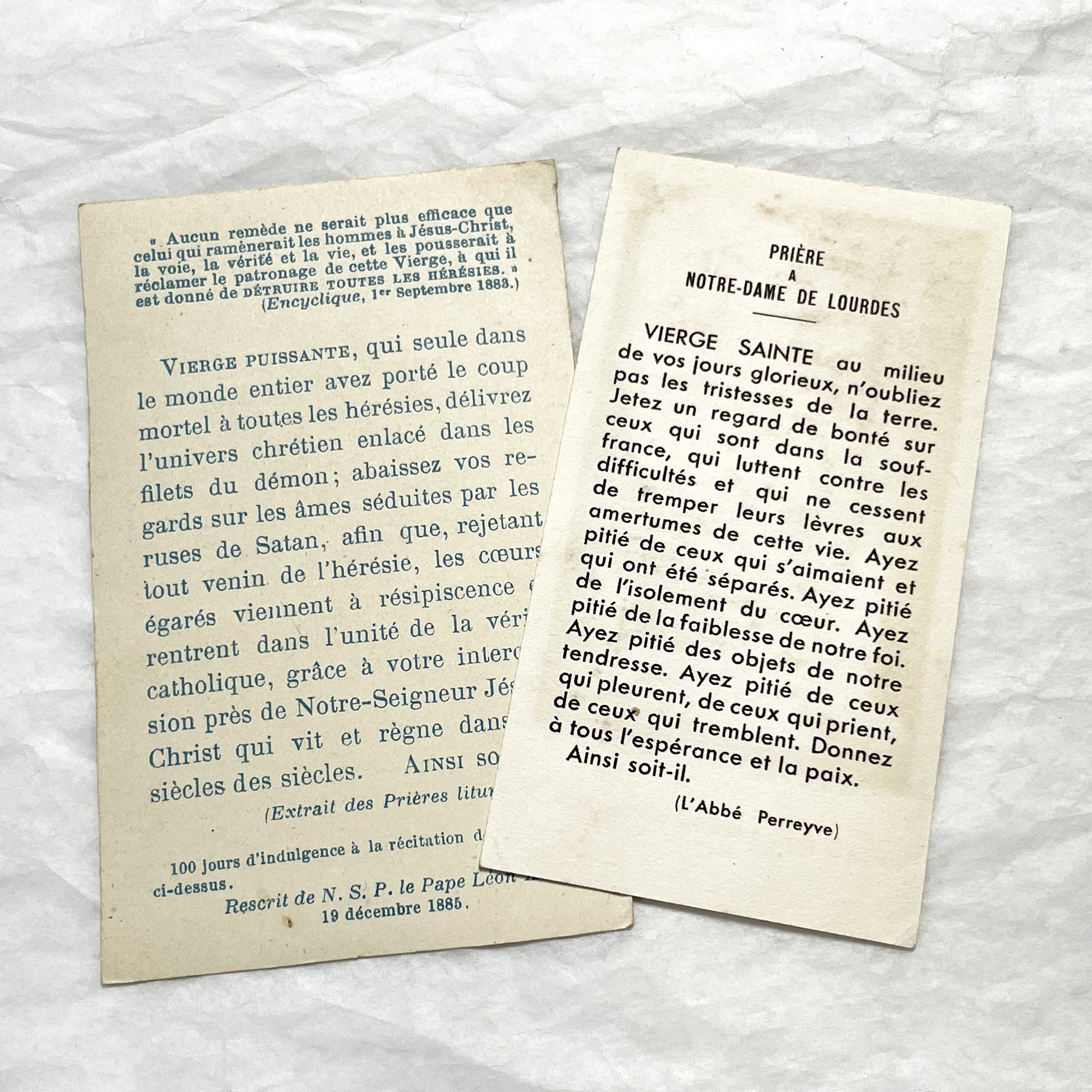 Late 19th - 2 Vintage French Religious Holy Cards - Our Lady of Grace and Lourdes - Catholic Prayer Memorabilia - Collectible Devotional Art