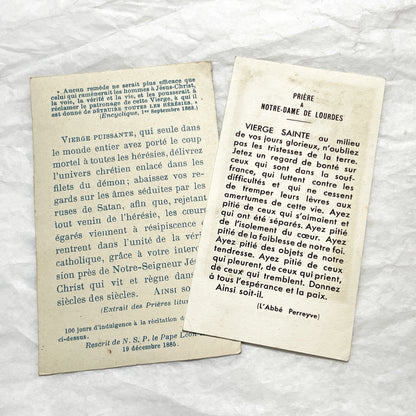 Late 19th - 2 Vintage French Religious Holy Cards - Our Lady of Grace and Lourdes - Catholic Prayer Memorabilia - Collectible Devotional Art