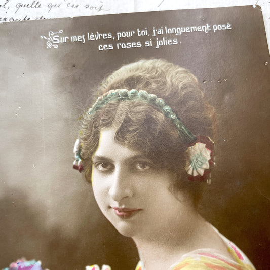 1910s - French Hand-Tinted Postcard - Elegant Young Woman Portrait - Holding Roses Bouquet - Romantic Belle Époque Era Collectible Art