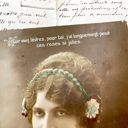 1910s - French Hand-Tinted Postcard - Elegant Young Woman Portrait - Holding Roses Bouquet - Romantic Belle Époque Era Collectible Art