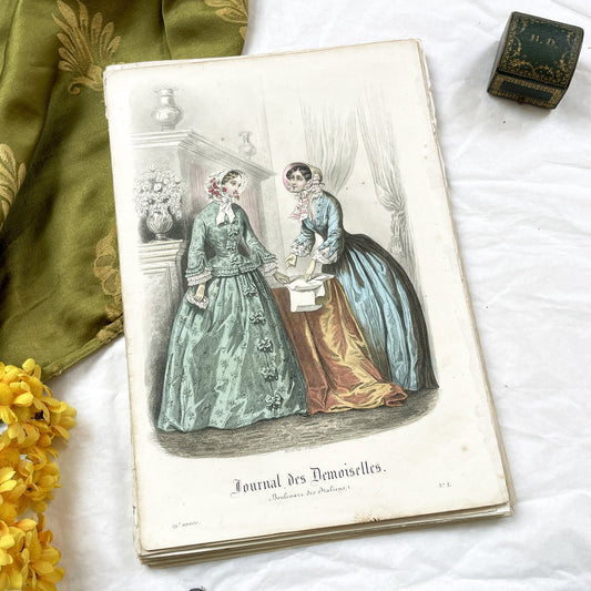 1850s - Antique French Fashion Plate - 1852 Journal des Demoiselles - Vintage Hand-Colored Costume Illustration - Elegant Women in Crinoline