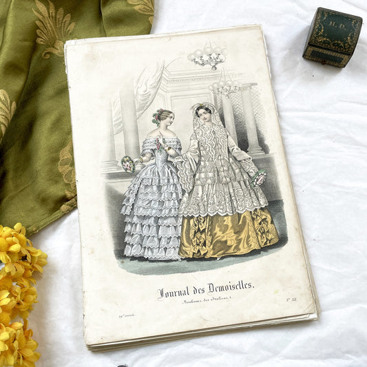 1850s - Exquisite French Fashion Print - Original Hand-Colored Engraving - 1852 Journal des Demoiselles Paris Couture Illustration