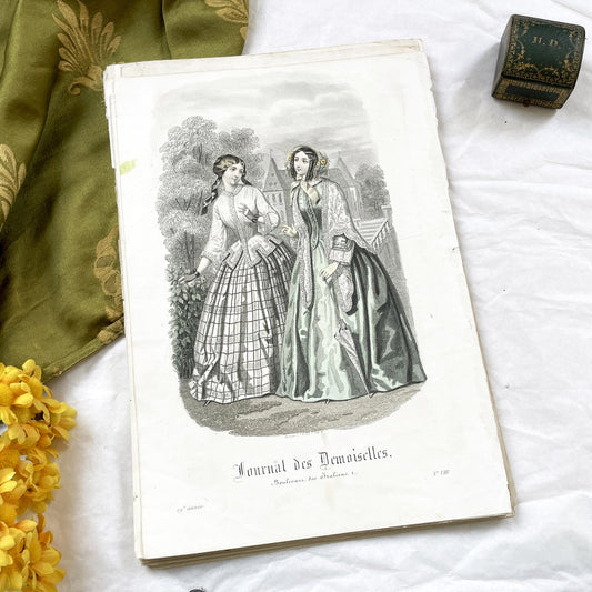 1850s - Original Antique French Fashion Plate - Journal des Demoiselles - Victorian Ladies - Boulevard des Italiens - Hand-Colored Engraving