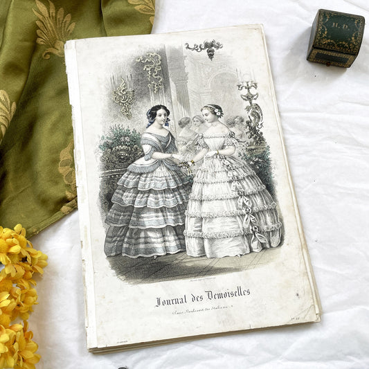 1850s - Exquisite Antique French Fashion Plate - Hand-Colored Engraving - Elegant Parisian Ball Gowns from 19th Century