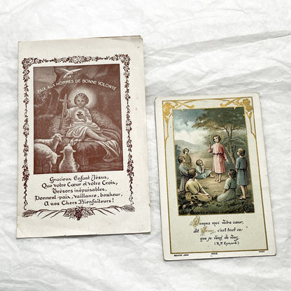 1900s - 2 Vintage French Catholic Devotional Cards - Sacred Heart Jesus & Children with Sheep - Religious Ephemera