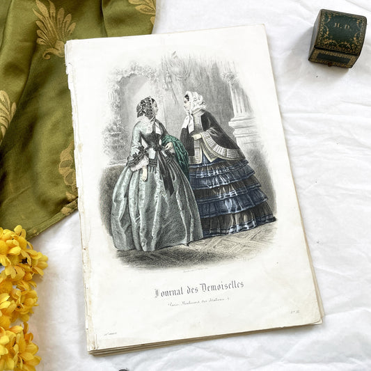 1850s - Exquisite French Fashion Plate from Journal des Demoiselles - Original Victorian Era Engraving - Elegant Ladies - Parisian Style