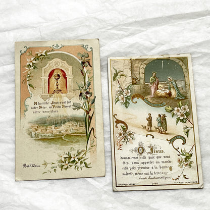 1900s - 2 Vintage French Religious Holy Cards - Nativity Scene and Chalice - Bethlehem - Devotional Art - Collectible Ephemera