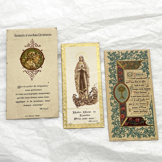 1900s - 3 Antique Holy Cards French Religious Ephemera - Our Lady of Lourdes - Sacred Art - Vintage Devotional Collectibles from Paris