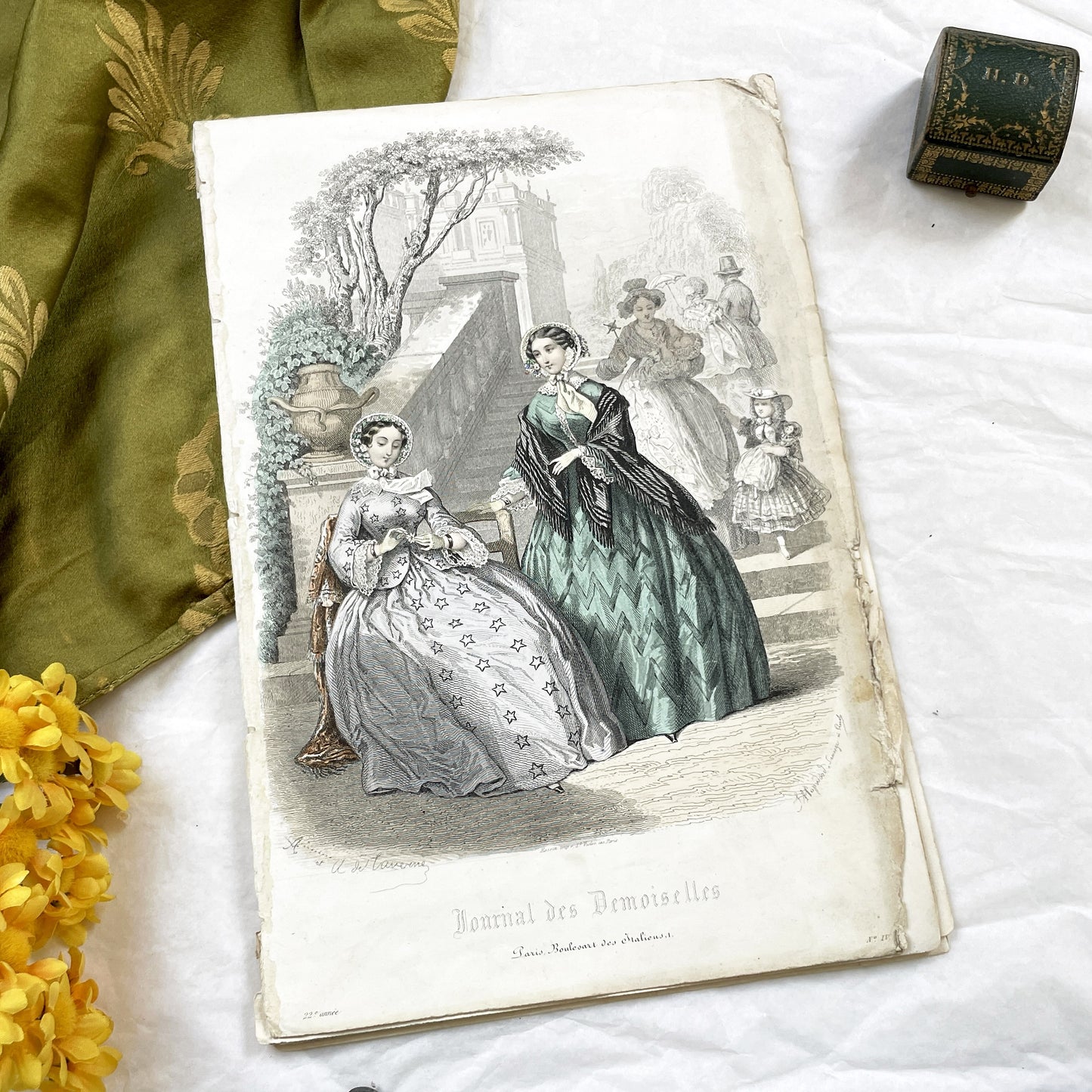 1850s - Exquisite Original French Fashion Plate - Journal des Demoiselles - Hand-Colored Lithograph Print - Parisian High Society Style