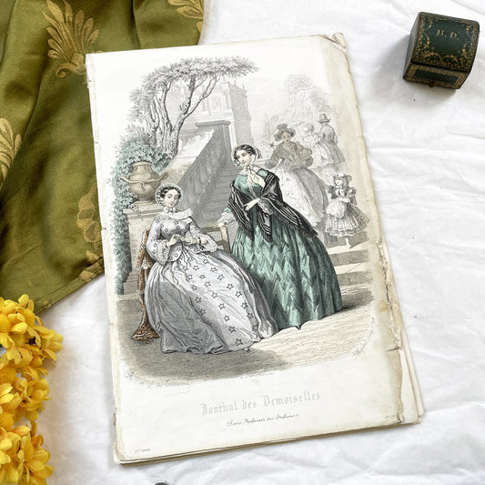 1850s - Exquisite Original French Fashion Plate - Journal des Demoiselles - Hand-Colored Lithograph Print - Parisian High Society Style