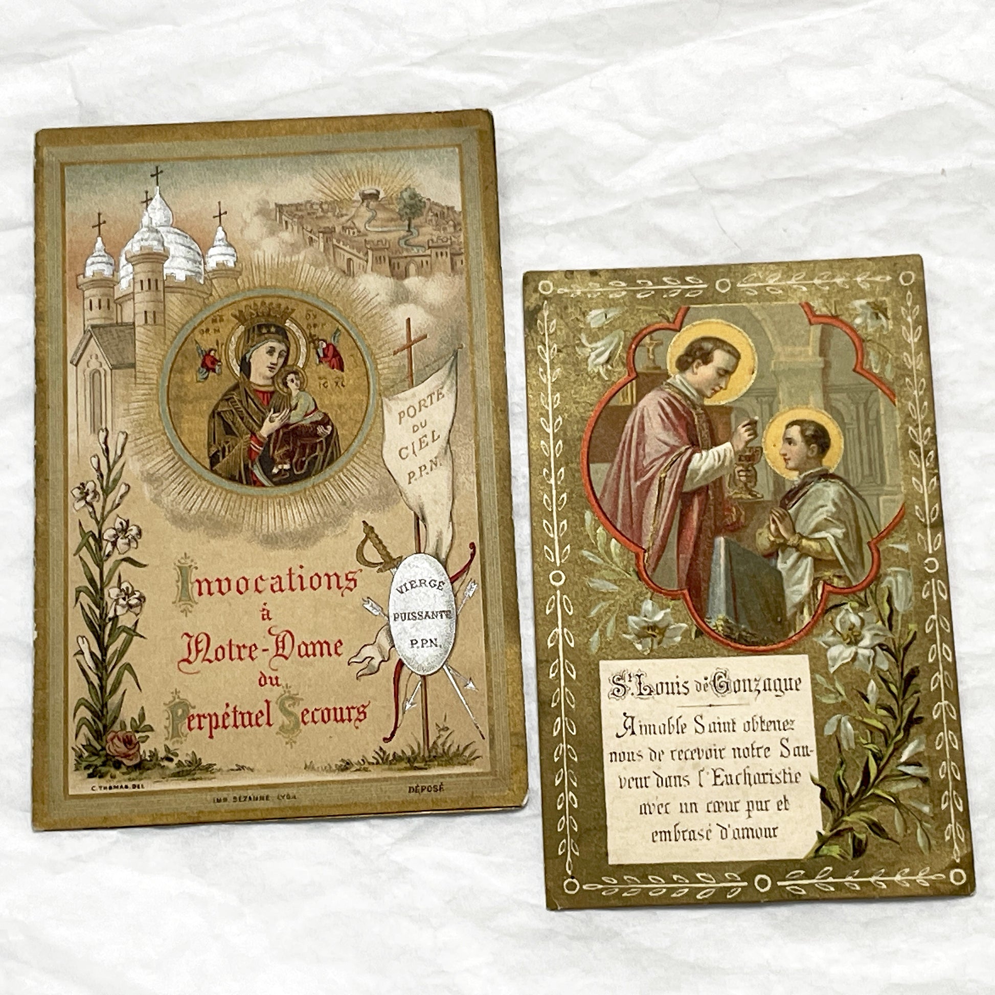 1900s - 2 Vintage French Devotional Holy Cards - Our Lady of Perpetual Help, Saint Louis de Gonzague - Catholic Prayer Ephemera