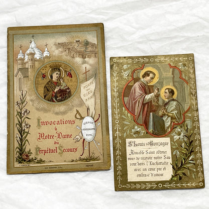 1900s - 2 Vintage French Devotional Holy Cards - Our Lady of Perpetual Help, Saint Louis de Gonzague - Catholic Prayer Ephemera