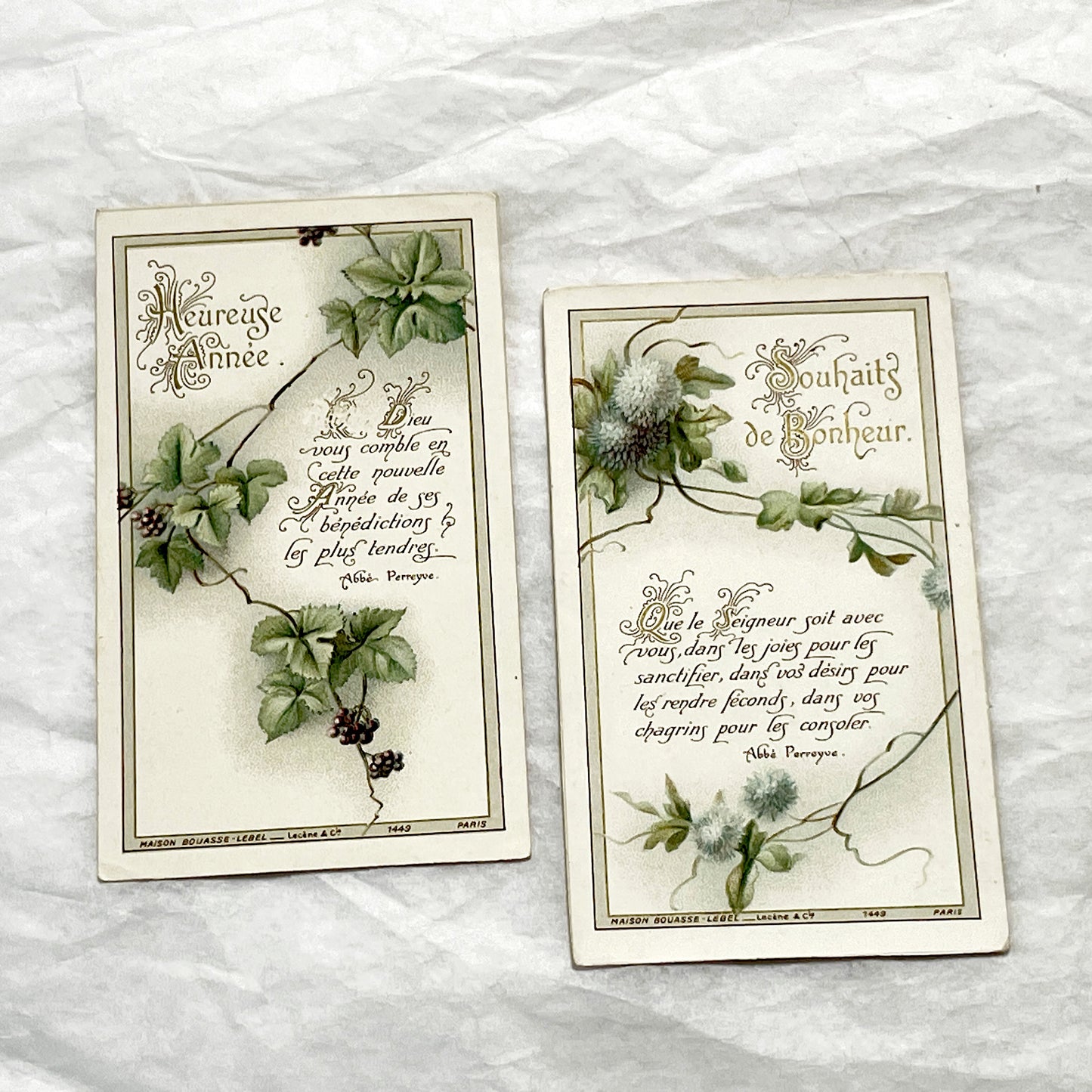 1900s - 2 Vintage French Religious New Year Greeting Cards - Bouasse-Lebel Paris Publisher - Spiritual Messages - Botanical Art
