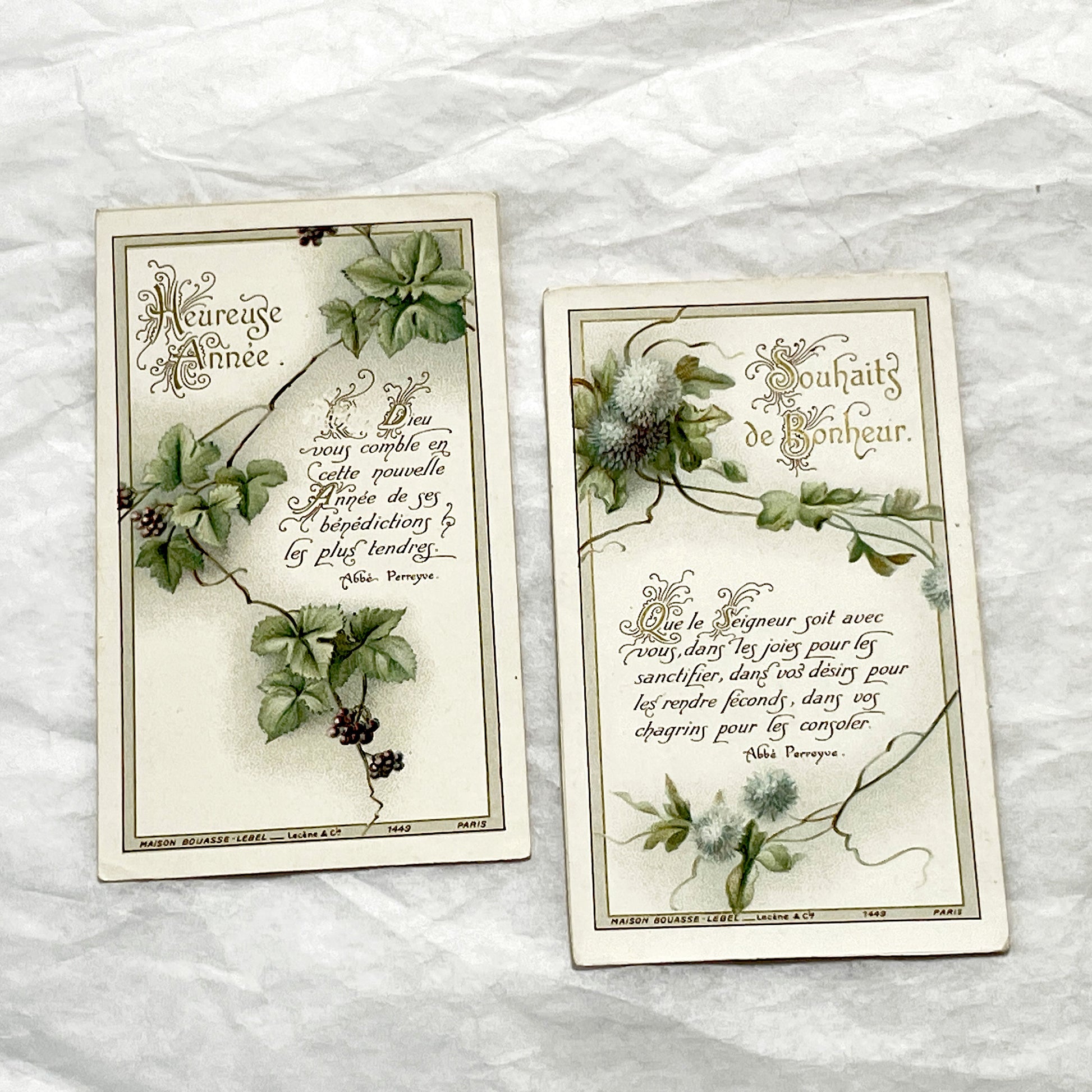 1900s - 2 Vintage French Religious New Year Greeting Cards - Bouasse-Lebel Paris Publisher - Spiritual Messages - Botanical Art