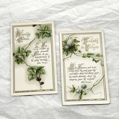 1900s - 2 Vintage French Religious New Year Greeting Cards - Bouasse-Lebel Paris Publisher - Spiritual Messages - Botanical Art
