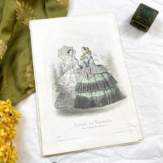 1850s - Original French Fashion Plate - Journal des Demoiselles - Elegant Mid-19th Century Women's Victorian Costume Engraving - Paris