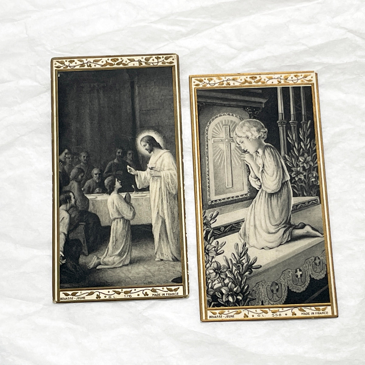 1910s - 2 Vintage French Religious Holy Prayer Cards - First Communion - Bouasse-Jeune Art - Collectible Catholic Ephemera - Set of Two