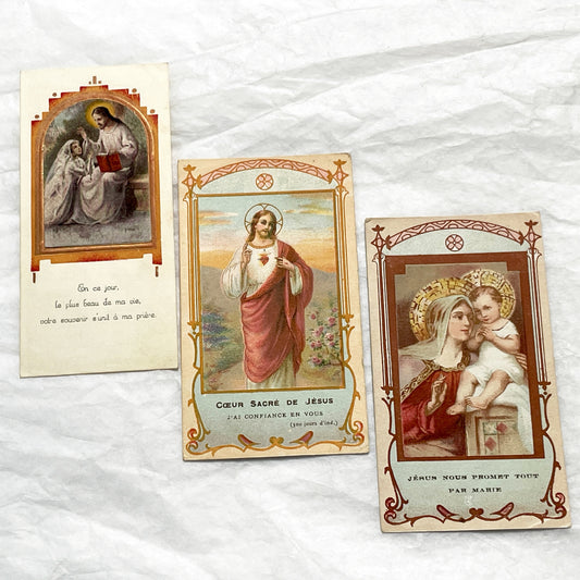 1900s - Three Vintage French Religious Holy Cards - Sacred Heart - Madonna and Child - First Communion - Antique Catholic Ephemera Art