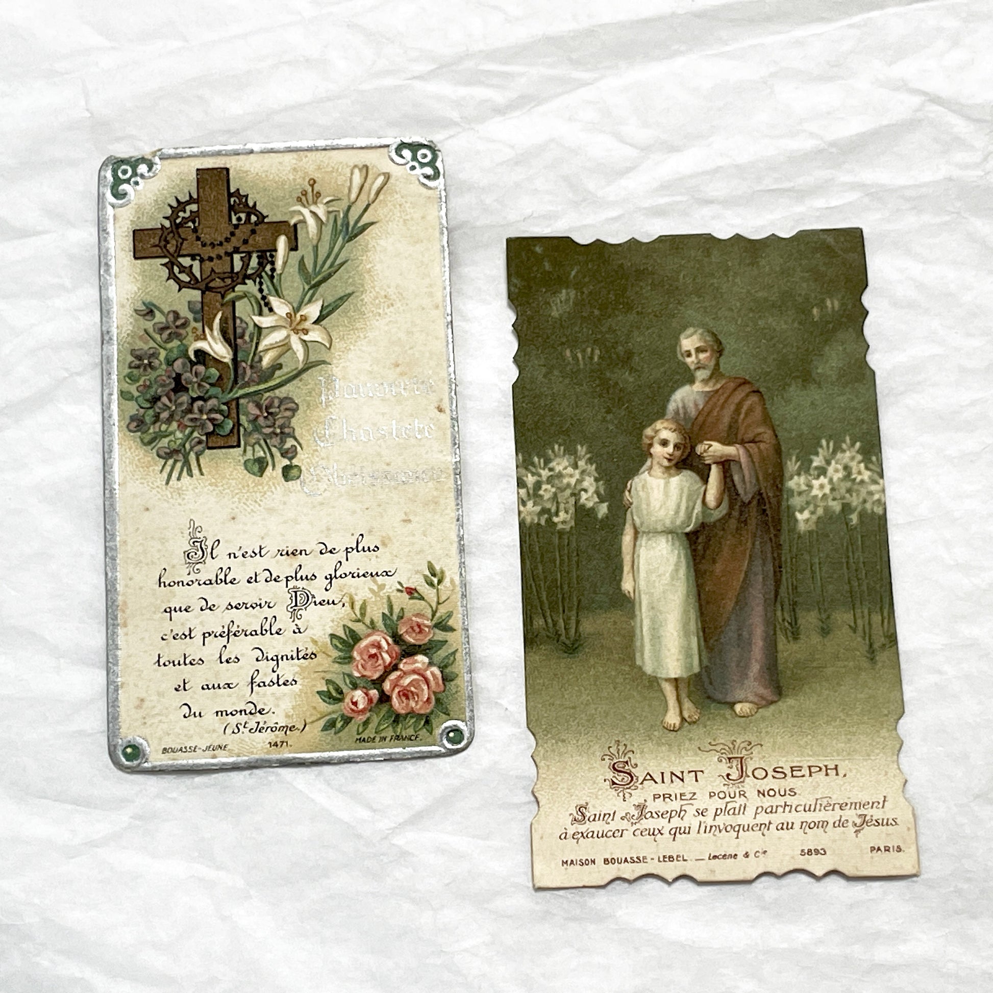 1920s - 2 Antique French Catholic Holy Cards - Saint Joseph and Cross with Lilies - Vintage Religious Art and Prayer Keepsake