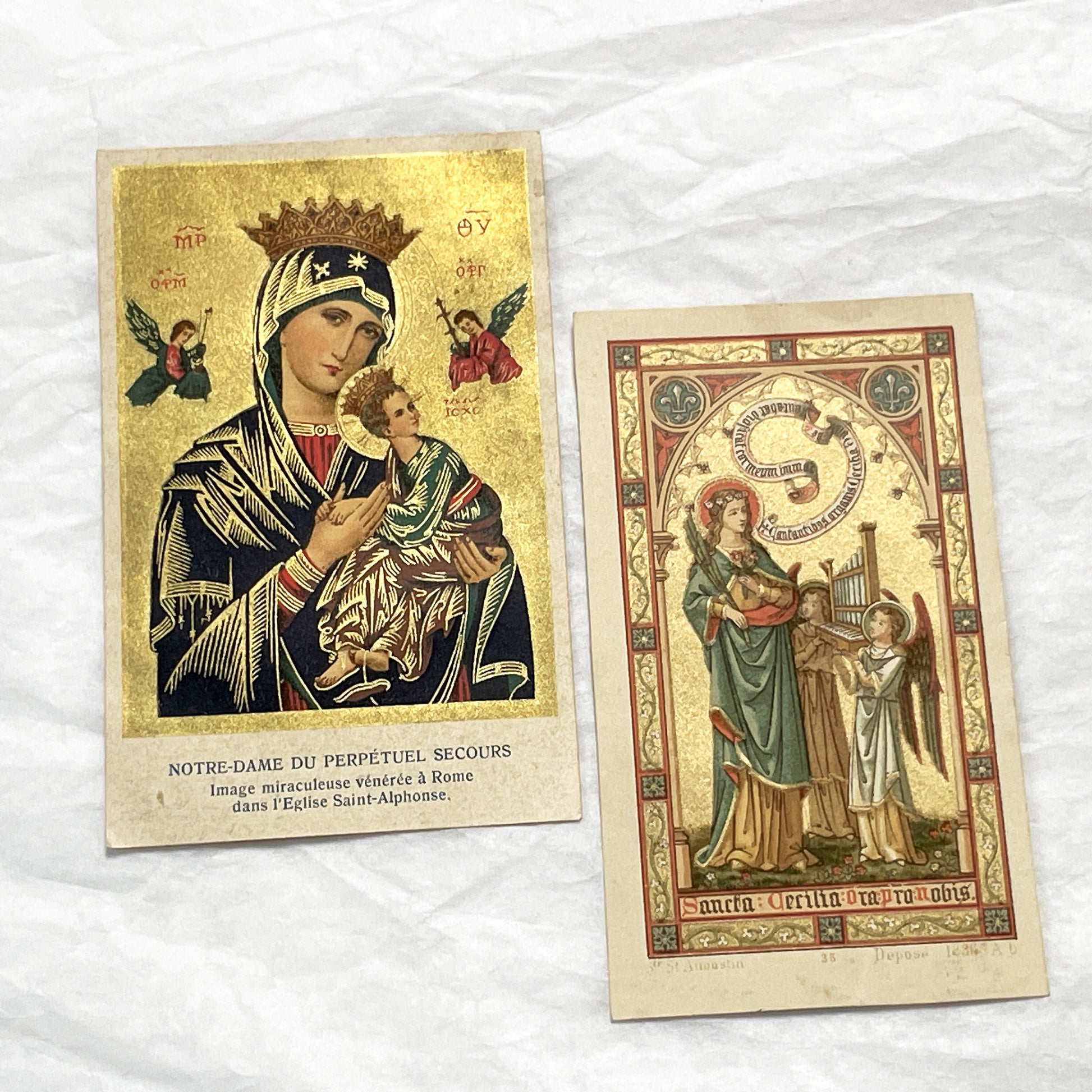 1900s - 2 Gilded Religious Holy Cards - Our Lady of Perpetual Help - Saint Cecilia - Devotional Prayer Memento - Vintage Collectible