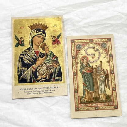 1900s - 2 Gilded Religious Holy Cards - Our Lady of Perpetual Help - Saint Cecilia - Devotional Prayer Memento - Vintage Collectible