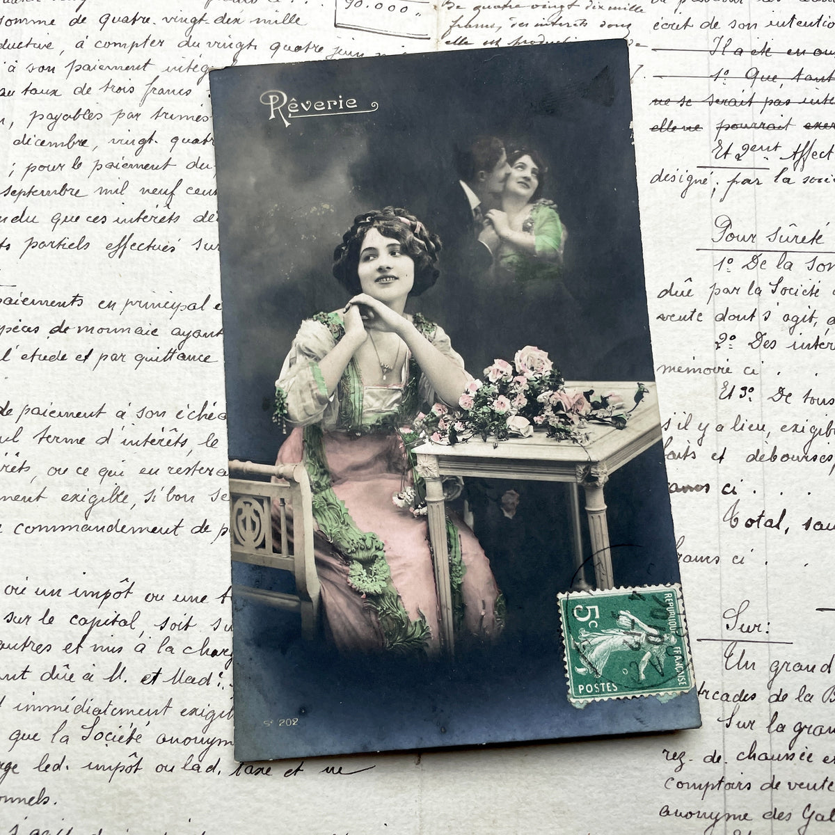 1900s - Antique French Postcard - Rêverie - Art Nouveau Era - Dreamy Woman - Floral Accent - Romantic Scene - Hand-Tinted Sepia Photography