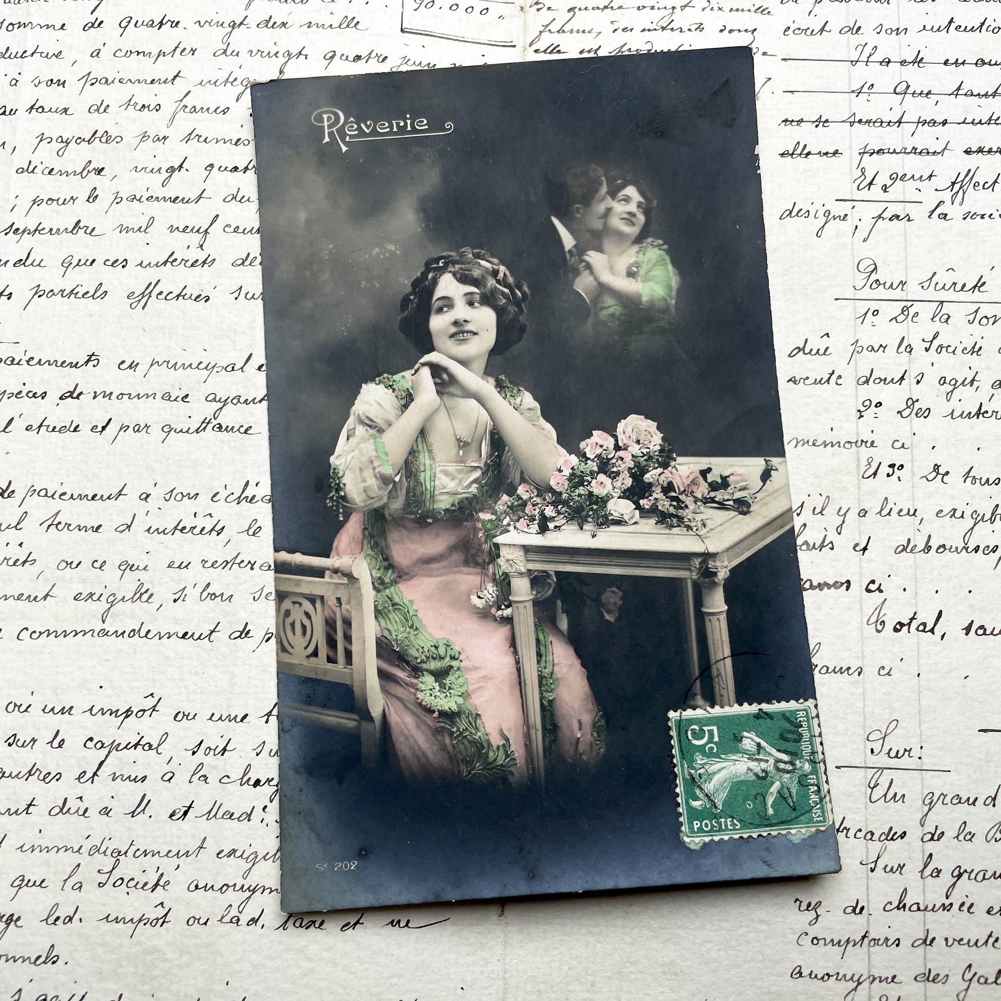1900s - Antique French Postcard - Rêverie - Art Nouveau Era - Dreamy Woman - Floral Accent - Romantic Scene - Hand-Tinted Sepia Photography