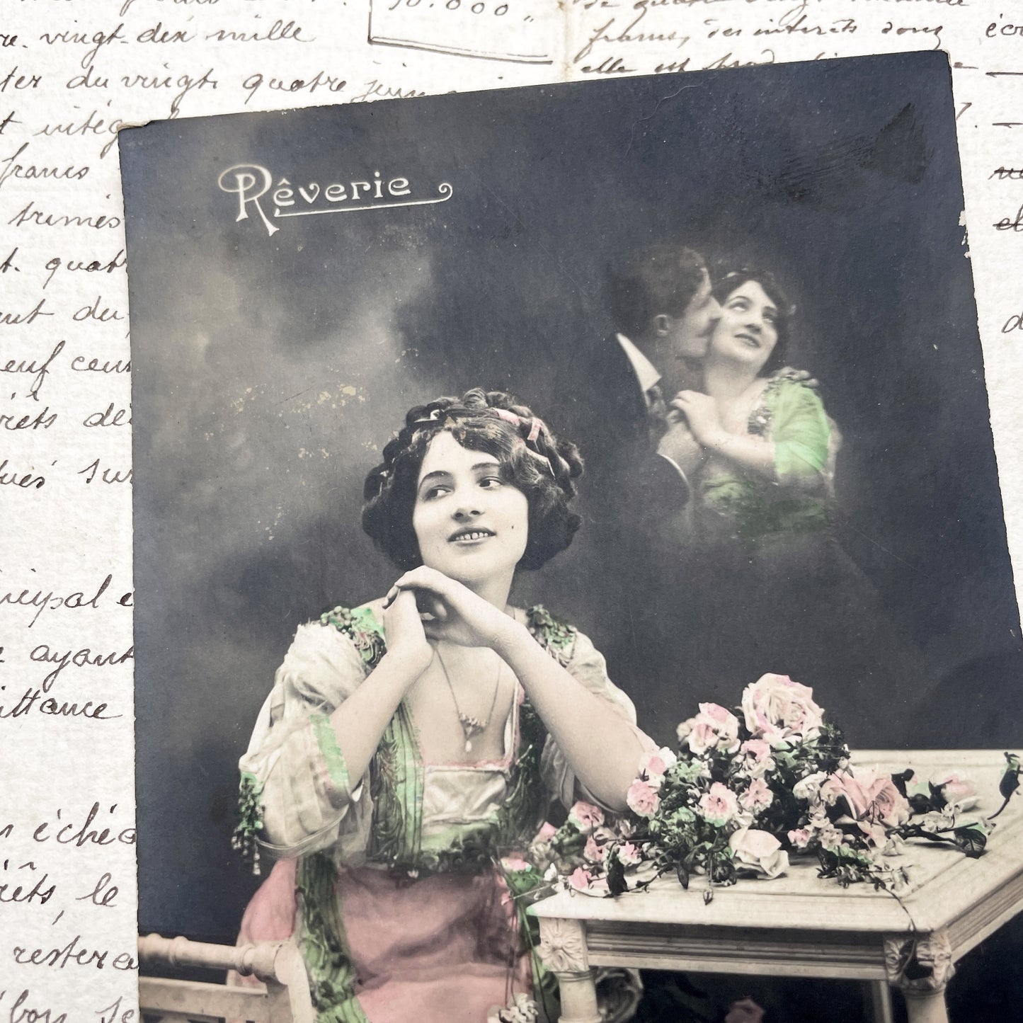 1900s - Antique French Postcard - Rêverie - Art Nouveau Era - Dreamy Woman - Floral Accent - Romantic Scene - Hand-Tinted Sepia Photography