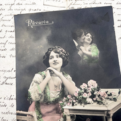 1900s - Antique French Postcard - Rêverie - Art Nouveau Era - Dreamy Woman - Floral Accent - Romantic Scene - Hand-Tinted Sepia Photography
