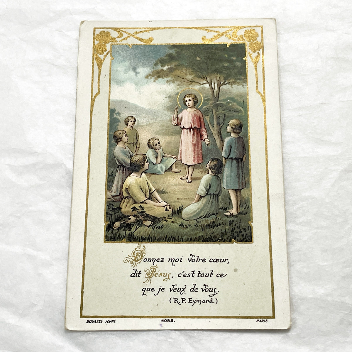 1900s - 2 Vintage French Catholic Devotional Cards - Sacred Heart Jesus & Children with Sheep - Religious Ephemera