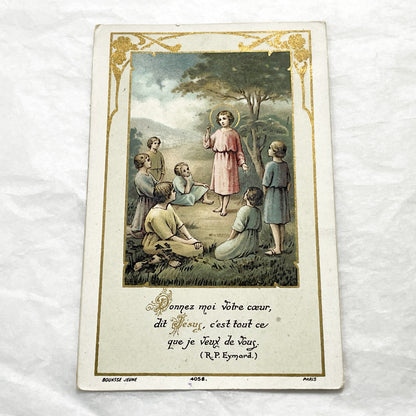 1900s - 2 Vintage French Catholic Devotional Cards - Sacred Heart Jesus & Children with Sheep - Religious Ephemera