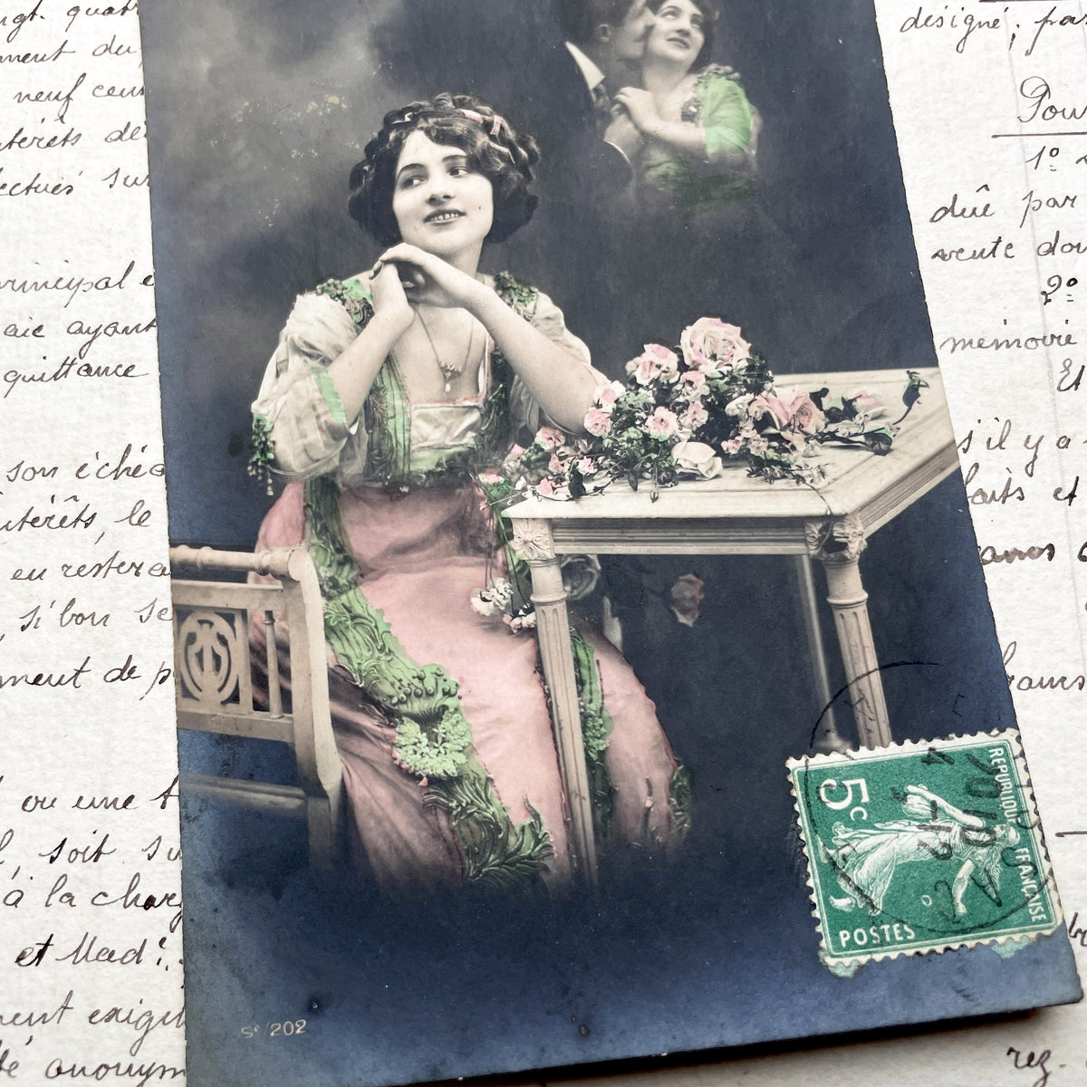 1900s - Antique French Postcard - Rêverie - Art Nouveau Era - Dreamy Woman - Floral Accent - Romantic Scene - Hand-Tinted Sepia Photography
