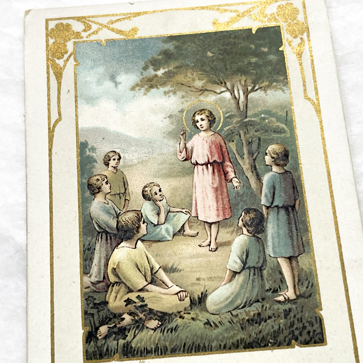 1900s - 2 Vintage French Catholic Devotional Cards - Sacred Heart Jesus & Children with Sheep - Religious Ephemera