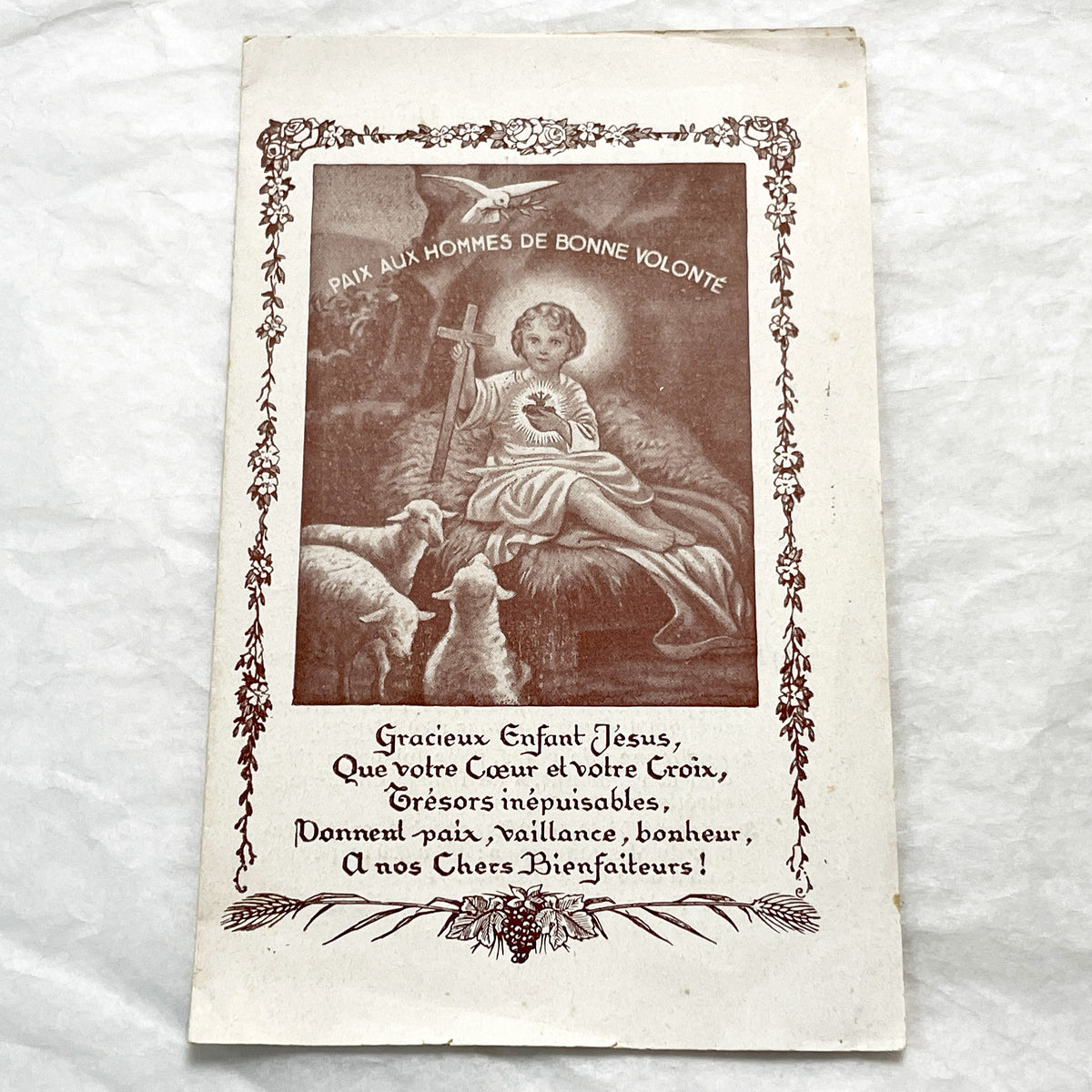 1900s - 2 Vintage French Catholic Devotional Cards - Sacred Heart Jesus & Children with Sheep - Religious Ephemera