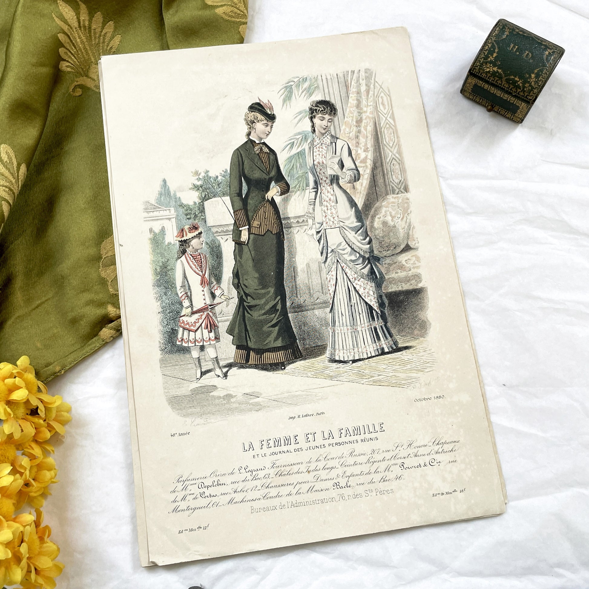 1880s - Original French Fashion Print - 'La Femme et la Famille' - Hand-Colored Victorian Era Apparel - Parisian Elegance and Child Style